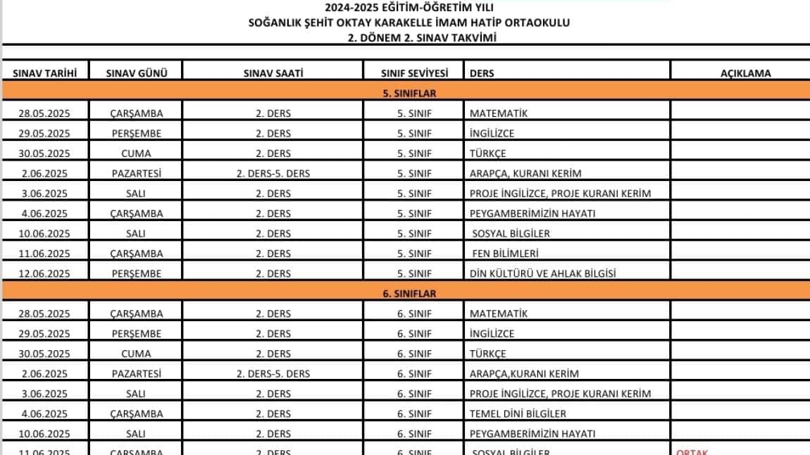 2. Dönem 2. Sınav Takvimi